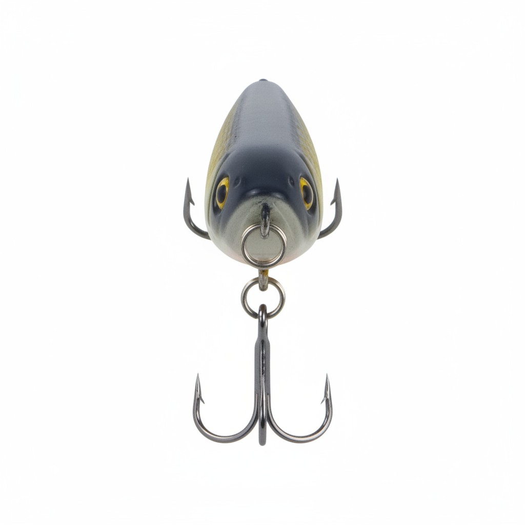Fishing lure head with gray body, yellow eye pattern, two side treble hooks and split ring