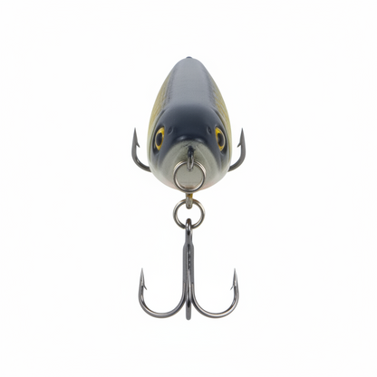 Fishing lure head with gray body, yellow eye pattern, two side treble hooks and split ring