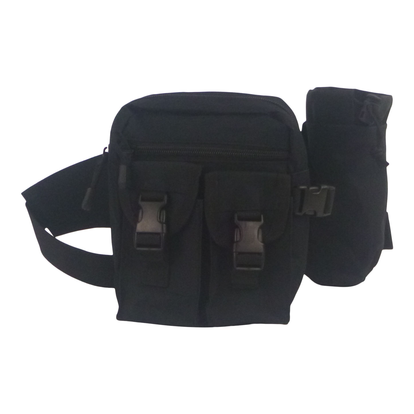 Black waist pack with front zip compartment and two side buckle pockets