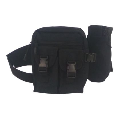 Black waist pack with front zip compartment and two side buckle pockets