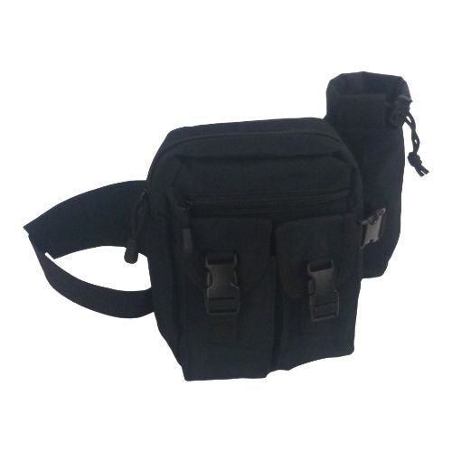 Black fishing waist bag with front organizer pockets and adjustable shoulder strap