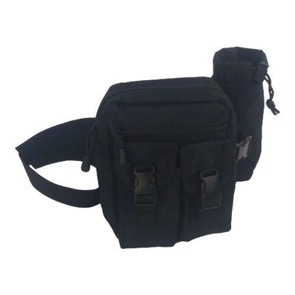 Black fishing waist bag with front organizer pockets and adjustable shoulder strap