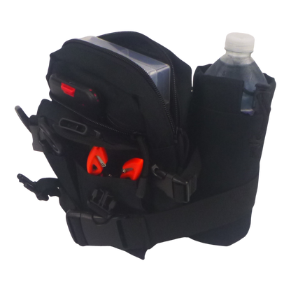 Black waist pack open view with red lures and water bottle in side pockets