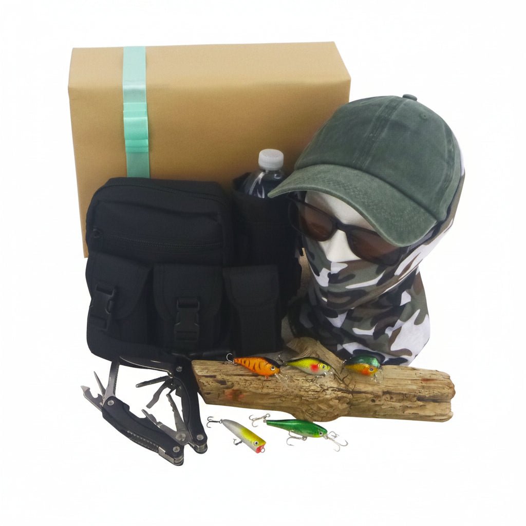Fishing gift set with black waist pack, green camo cap, multitool, and lures