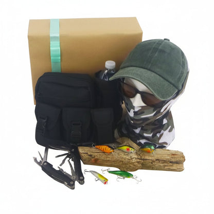 Fishing gift set with black waist pack, green camo cap, multitool, and lures