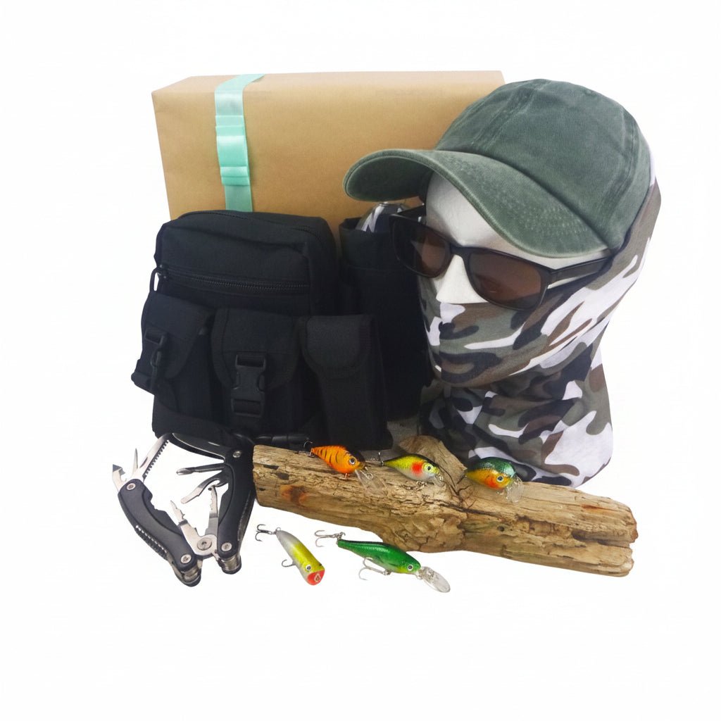 Fishing gift set with black waist pack, camo cap, sunglasses, and hard body lures