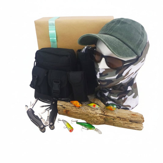 Fishing gift set with black waist pack, camo cap, sunglasses, and hard body lures