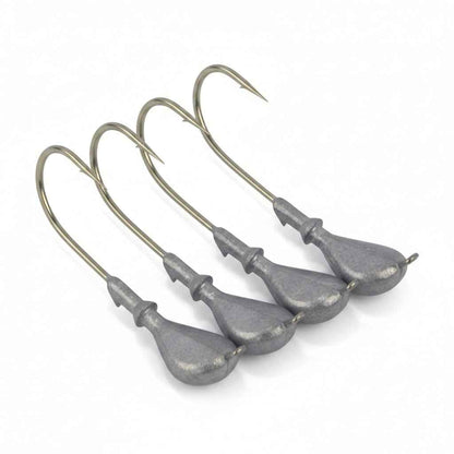 Four jig heads with curved eye hooks and gray bodies, angled view
