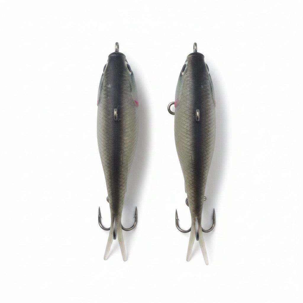 Fishing lure set, dark blue-gray baitfish style, two lures with eyelets and treble hooks