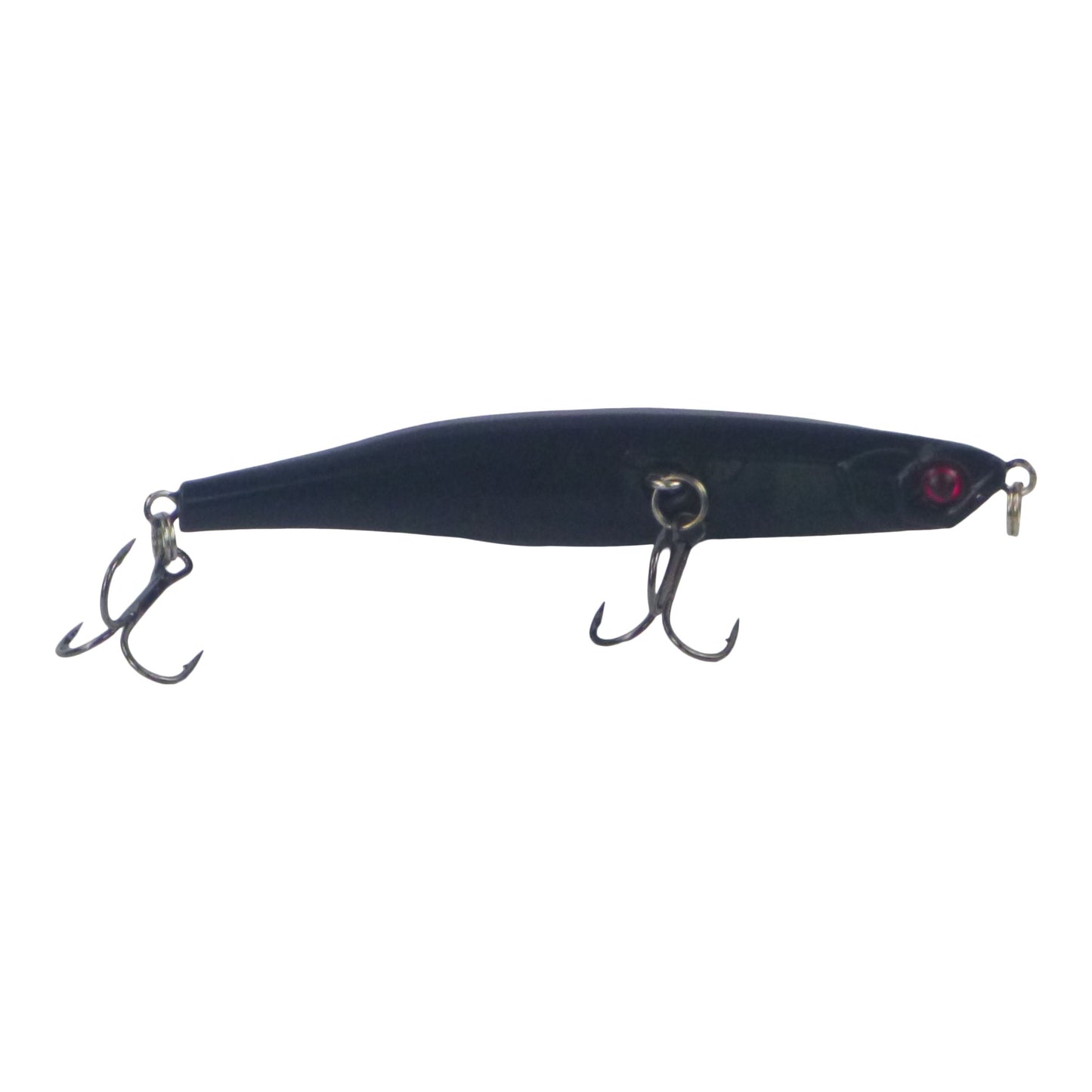 Dark minnow fishing lure with red eye, split rings, and two treble hooks