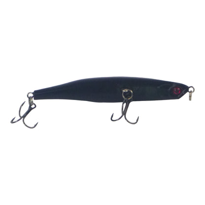 Dark minnow fishing lure with red eye, split rings, and two treble hooks