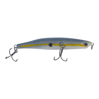 Fishing lure in blue-gray with yellow stripe and black eye, with two treble hooks