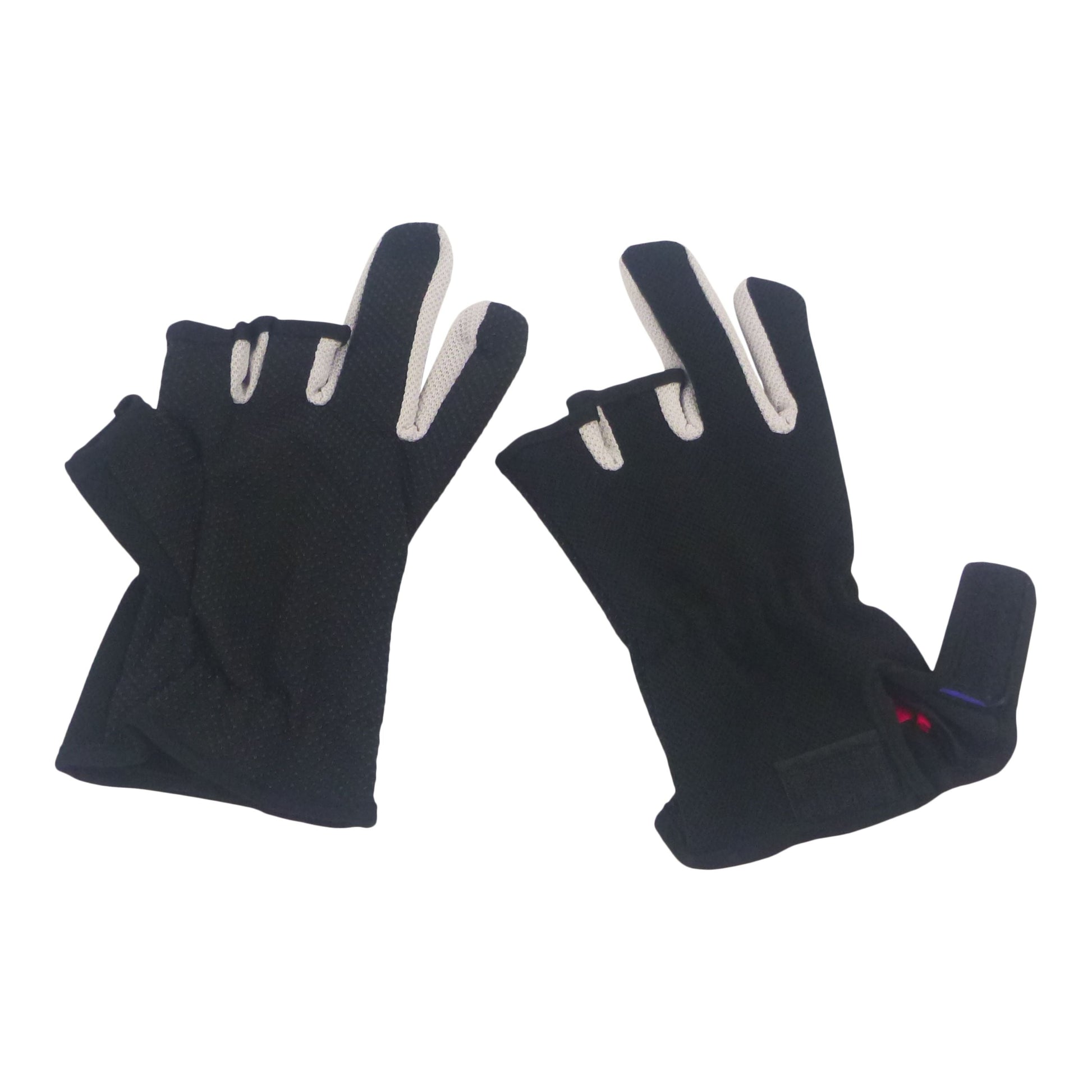 Black 3-finger fishing gloves showing three finger openings and reinforced pads