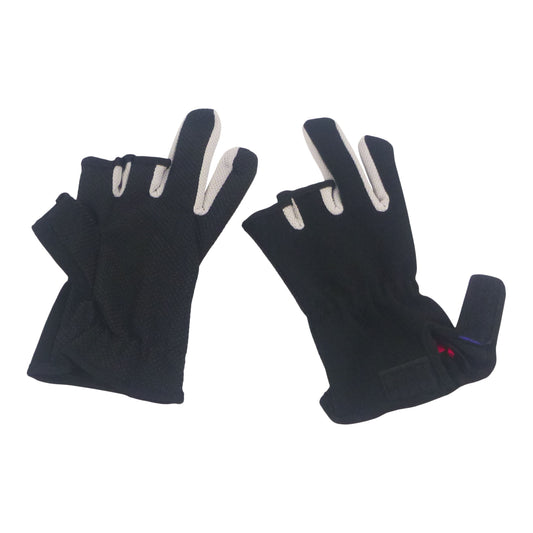 Black 3-finger fishing gloves showing three finger openings and reinforced pads