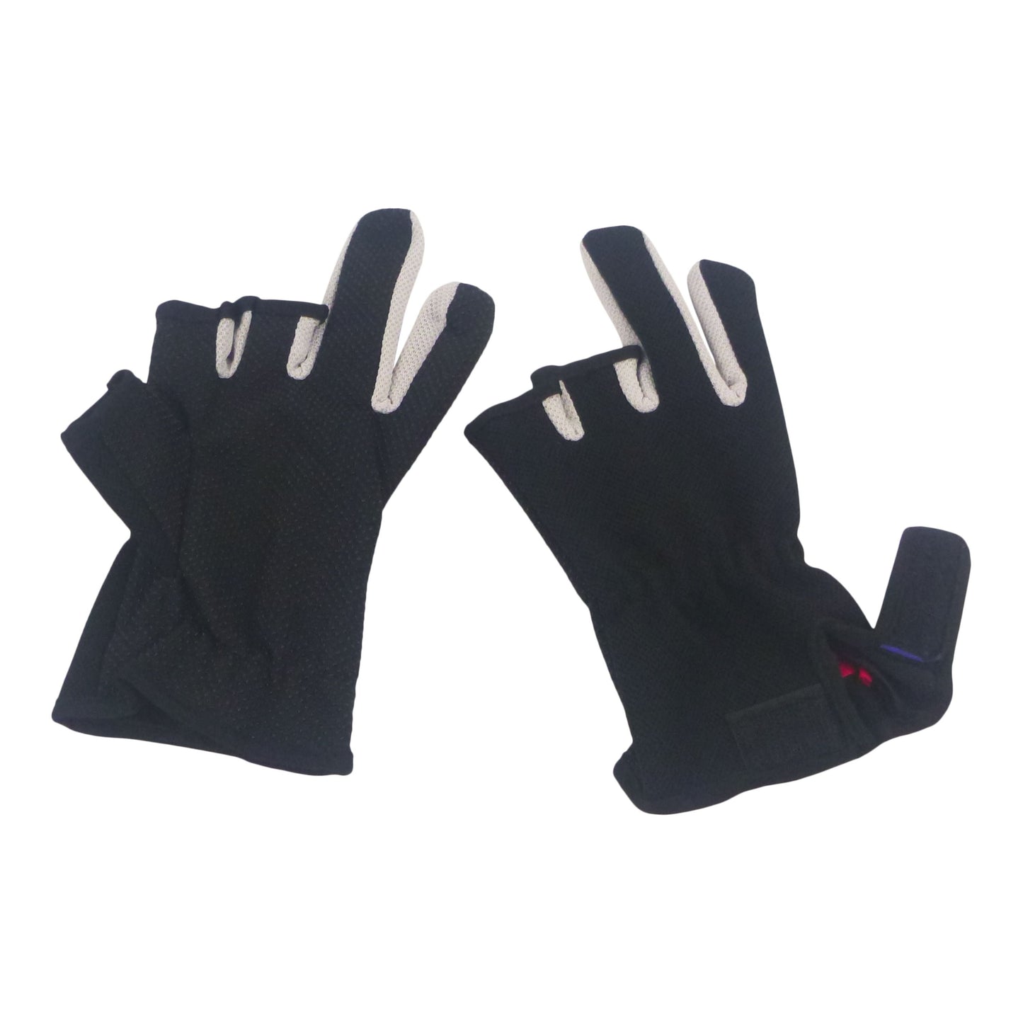 Pair of black 3-finger fishing gloves with white reinforced finger tips