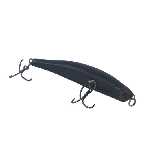 Black minnow fishing lure with red eye and two treble hooks
