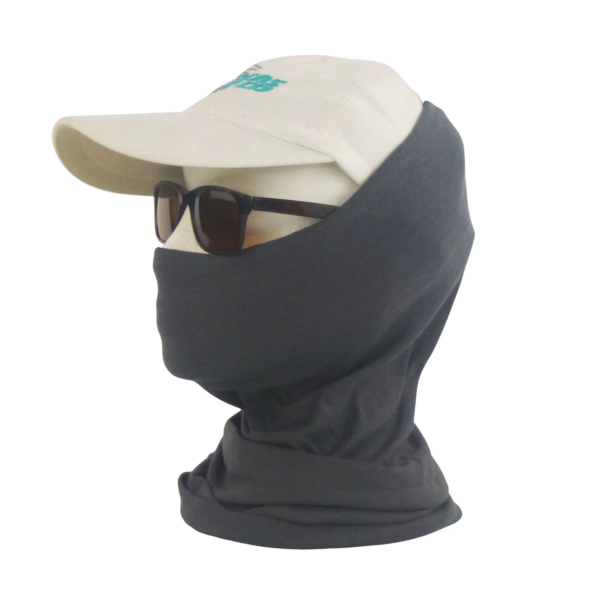 Charcoal multifunction head sock with eye openings, worn under a light cap
