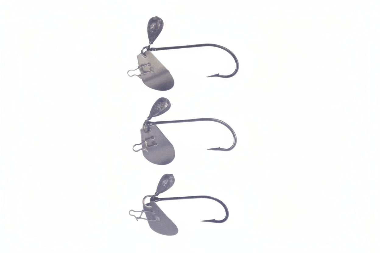 Blade jig heads with straight hooks and blades, dark gray, 3-pack shown from side