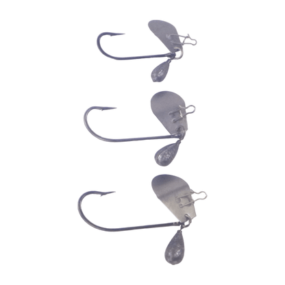 Straight shank blade jig heads, dark gray, 3-pack with hooks and blades attached