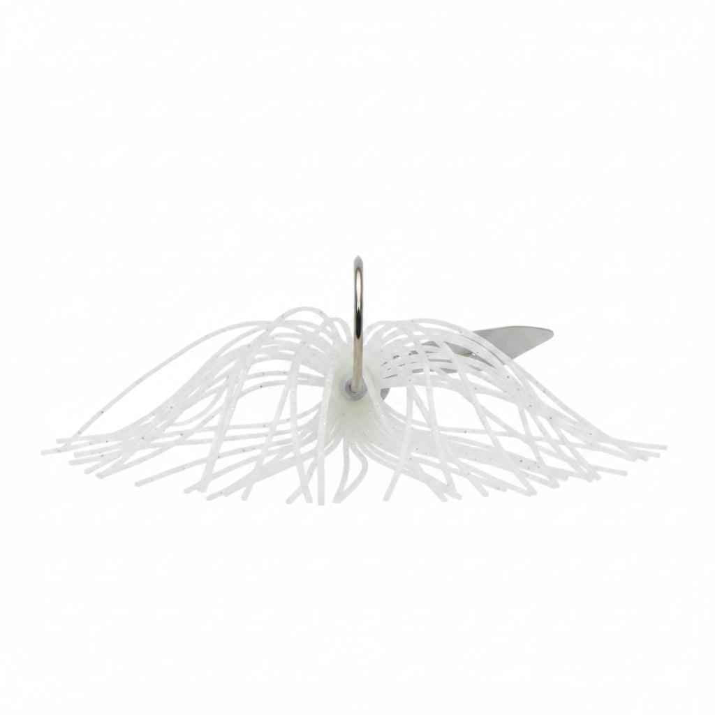 White swim jig chatterbait with white skirt, metal blade, and visible hook