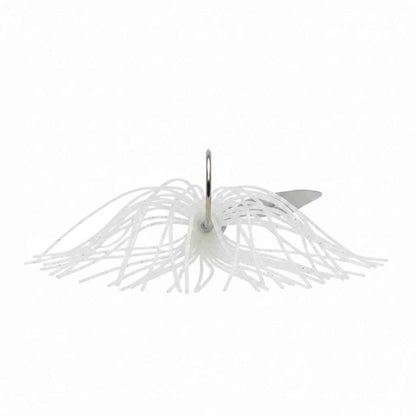 White swim jig chatterbait with white skirt, metal blade, and visible hook