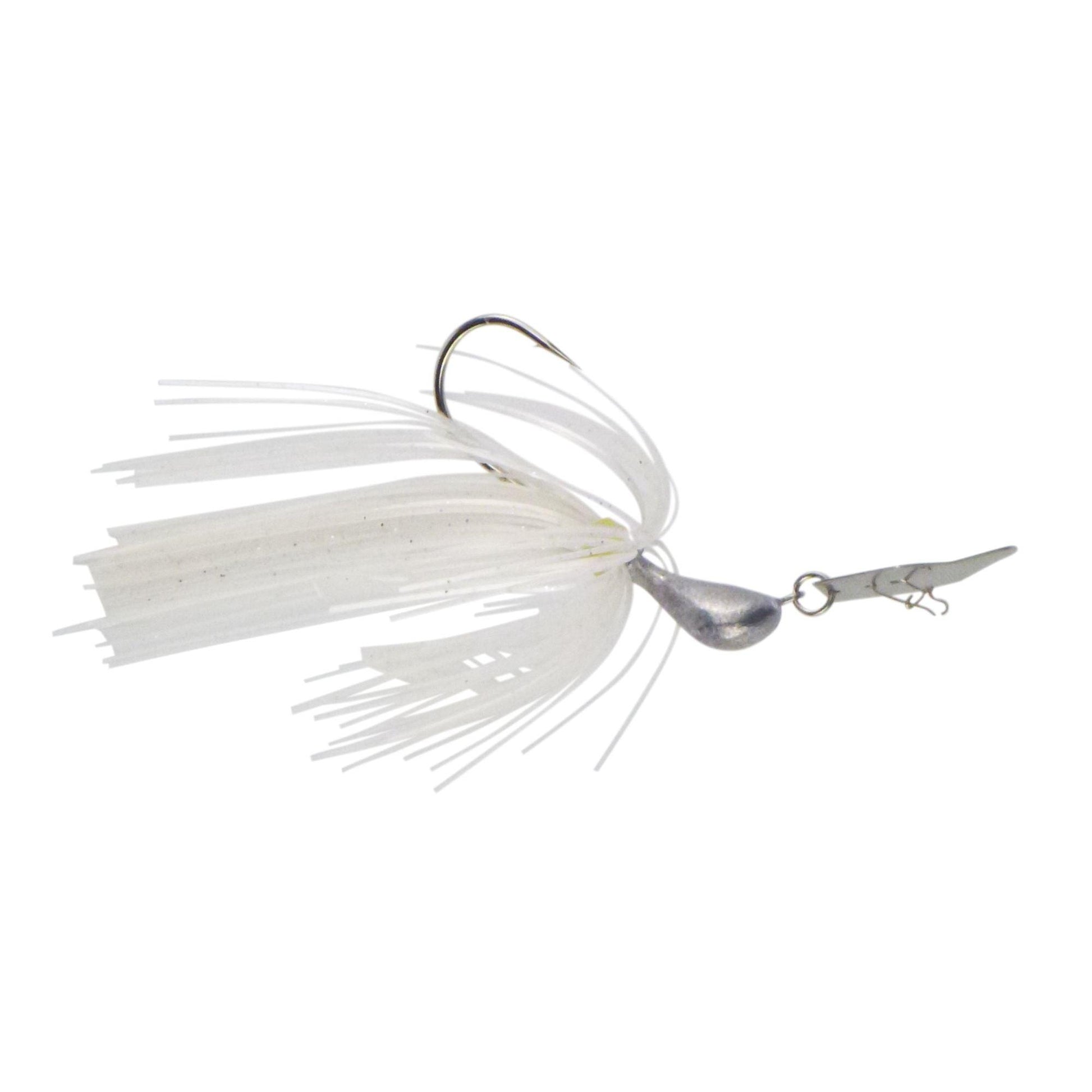 Swim jig chatterbait with white skirt, silver blade and jig head, curved hook