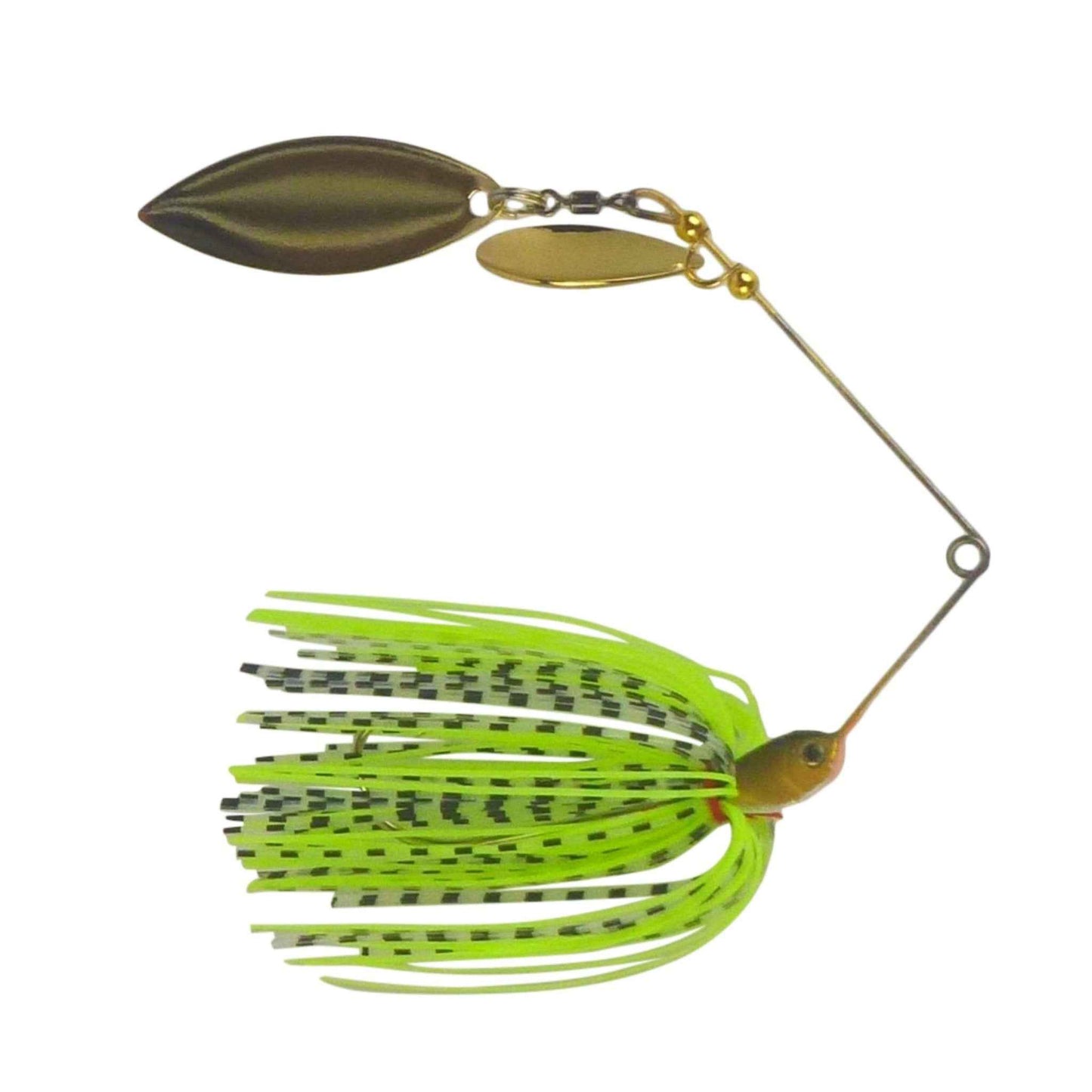 Green-and-white spinnerbait with gold blades and wire hook, viewed from side