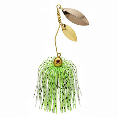 Fluro green spinnerbait with gold double blades and fringe skirt