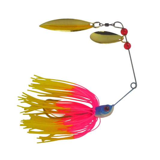 Spinnerbait lure with gold and black blades, red beads, blue eye, pink yellow skirt