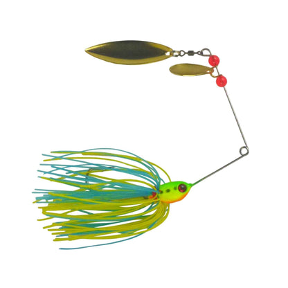 Spinnerbait fishing lure with chartreuse and blue skirt, gold blades, red bead accents