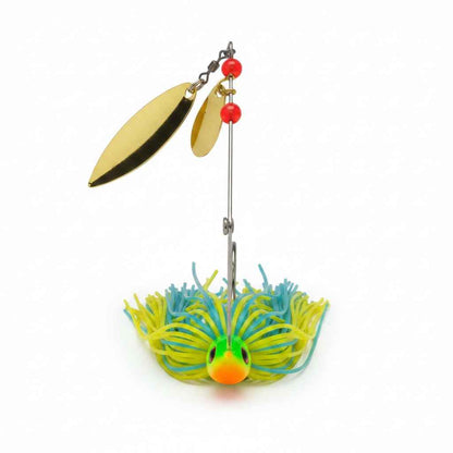 Spinnerbait lure with blue-chartreuse skirt, gold blades, red beads, orange head