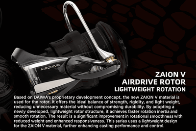 Spinning reel labeled 'Airdrive rotor' and 'ZAION V' lightweight rotation