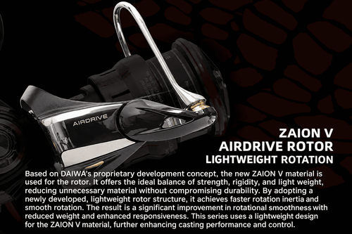Spinning reel labeled 'Airdrive rotor' and 'ZAION V' lightweight rotation