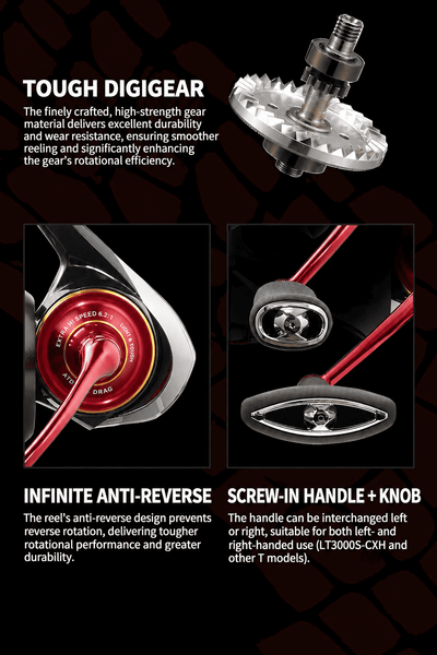 DAIWA SALAMANDURA LT spinning reel close-up of handle and red drag knob details