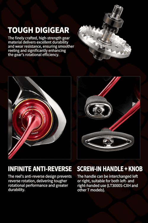 DAIWA SALAMANDURA LT spinning reel close-up of handle and red drag knob details