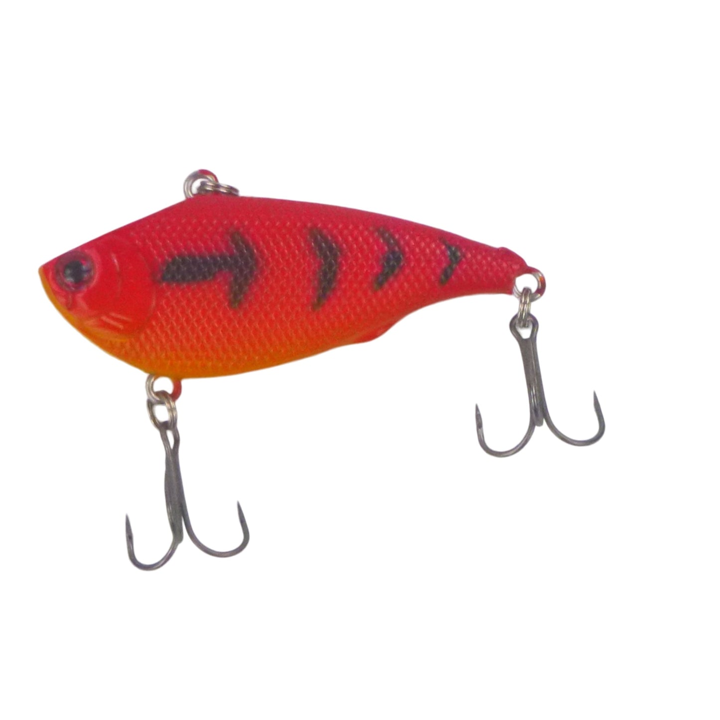 Lipless crankbait lure in red-orange with black stripes, two treble hooks