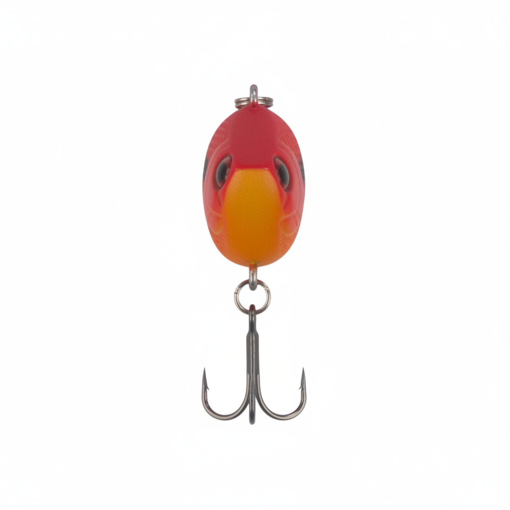 Lipless crankbait lure, red-orange body with oval front, inline treble hook