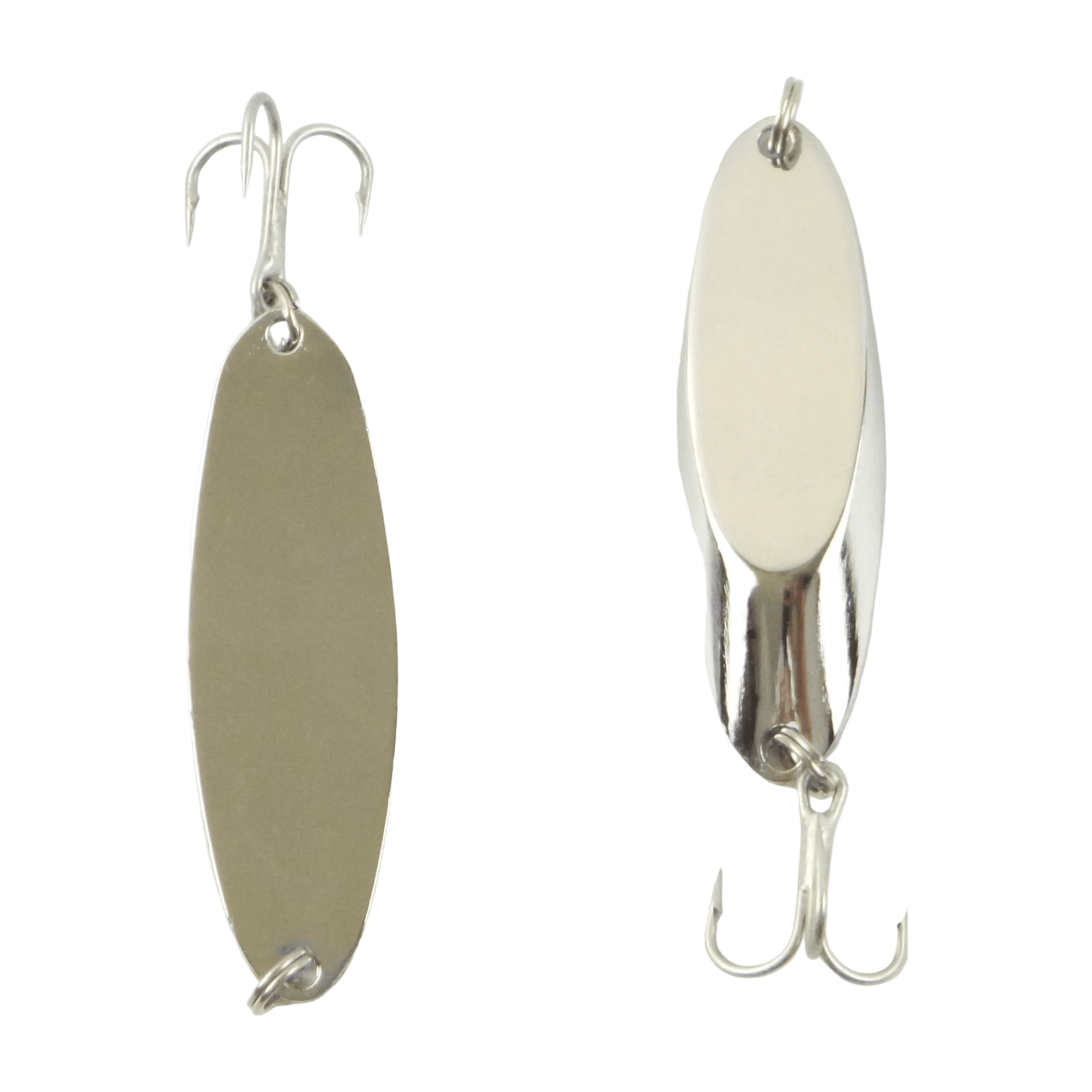 Pair of fishing lure jigs with chrome hooks: dark olive oval and silver oval.