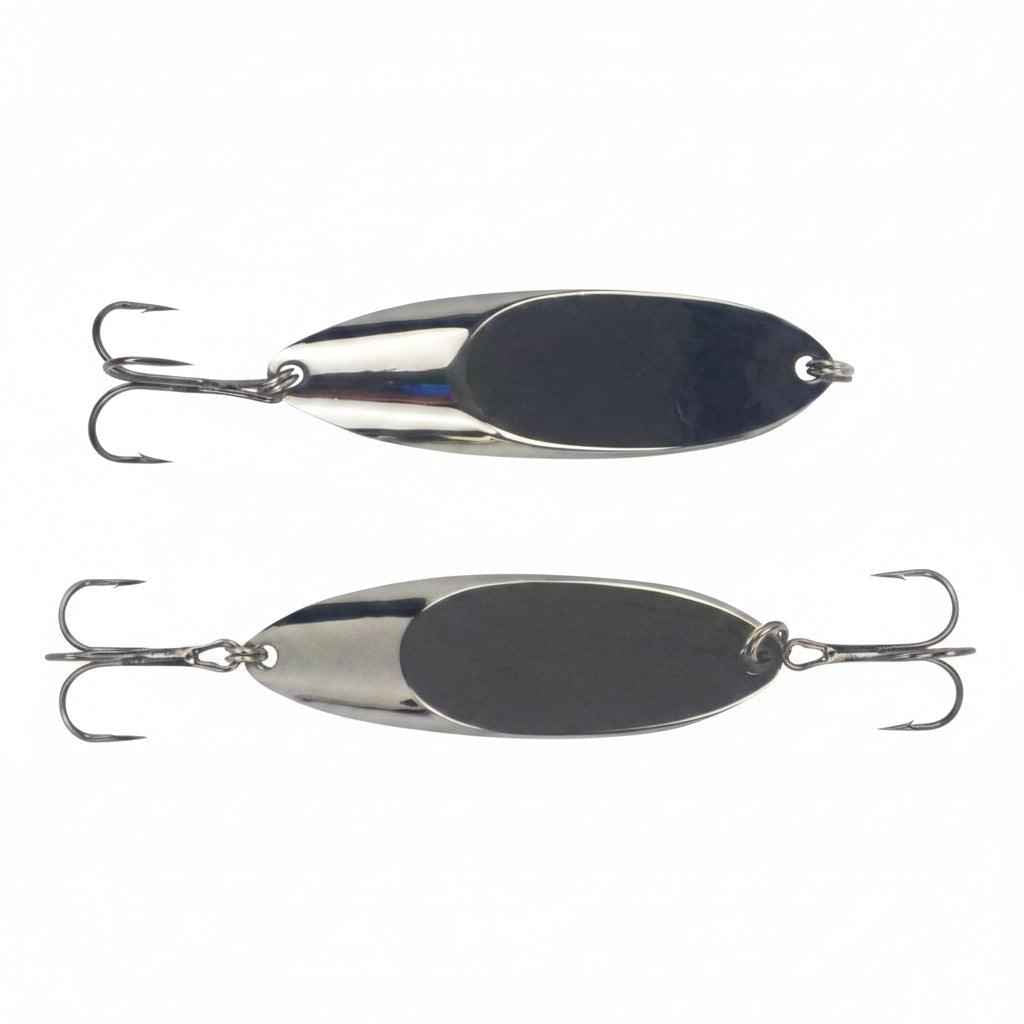 Chrome-and-dark Kaster jig lure with two treble hooks, two-pack