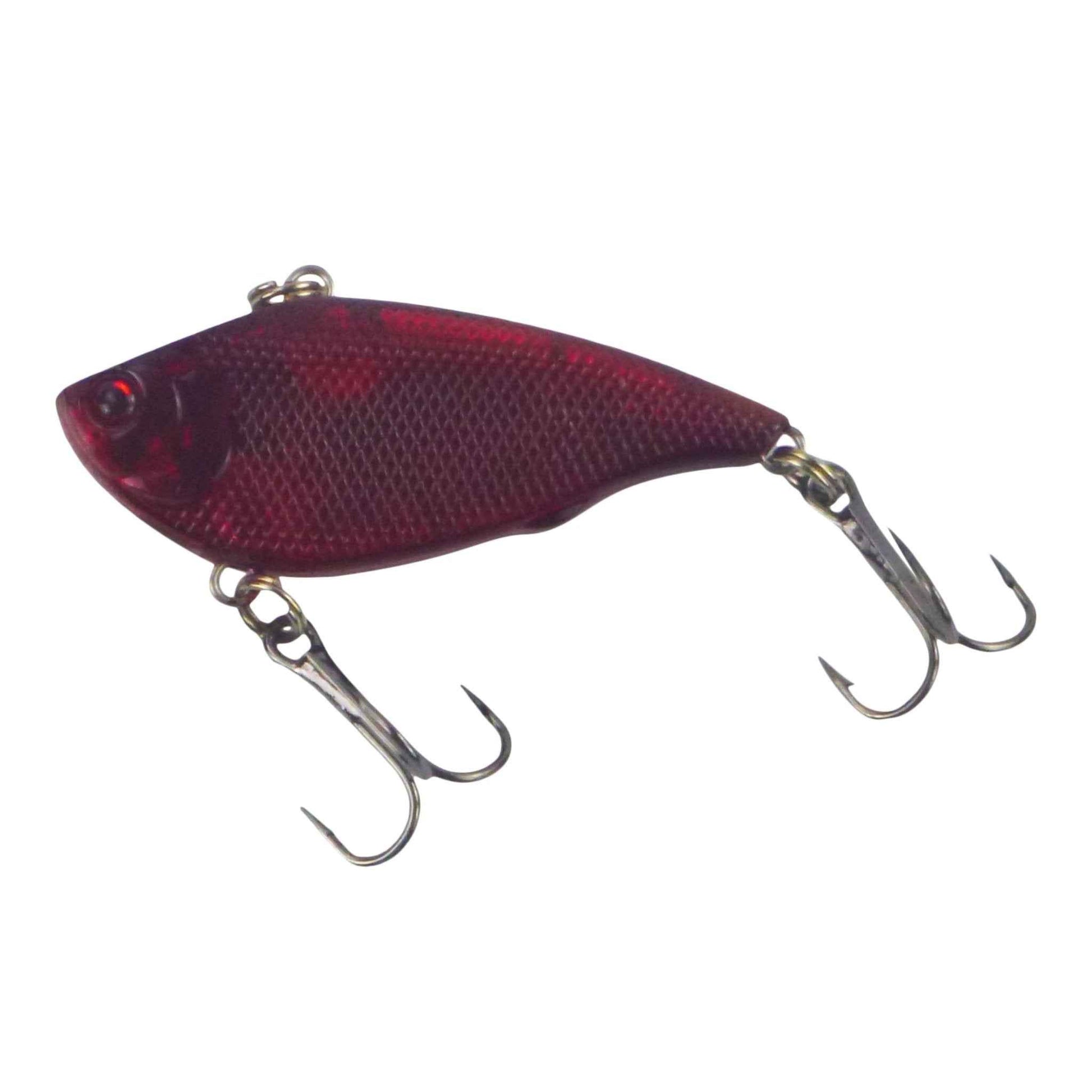 Opaque red lipless crankbait with textured body, three treble hooks and split rings