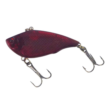 Opaque red lipless crankbait with textured body, three treble hooks and split rings