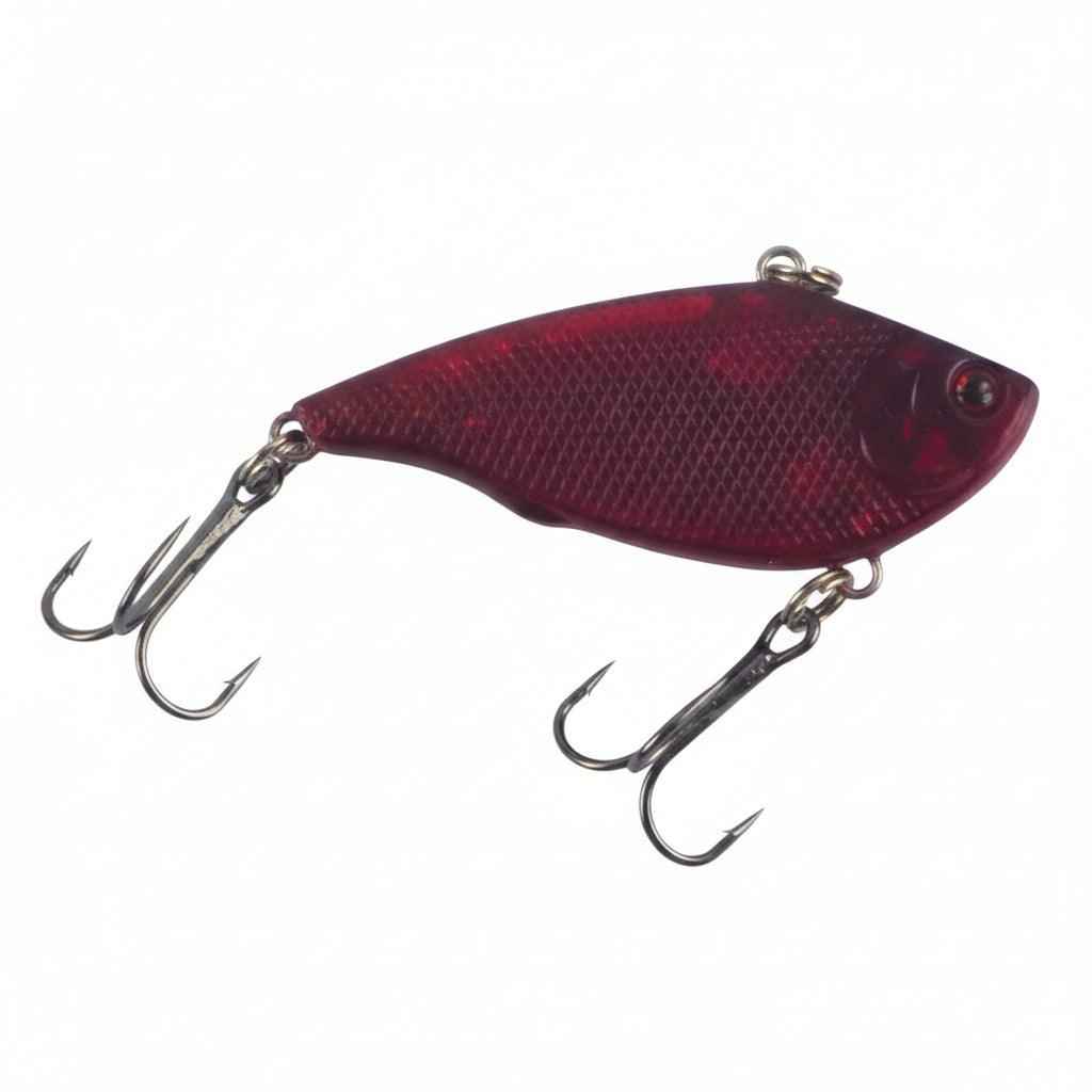 Opaque red lipless crankbait with textured body, dark eye detail, three treble hooks