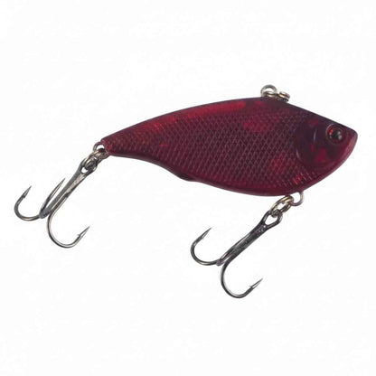 Opaque red lipless crankbait with textured body, dark eye detail, three treble hooks
