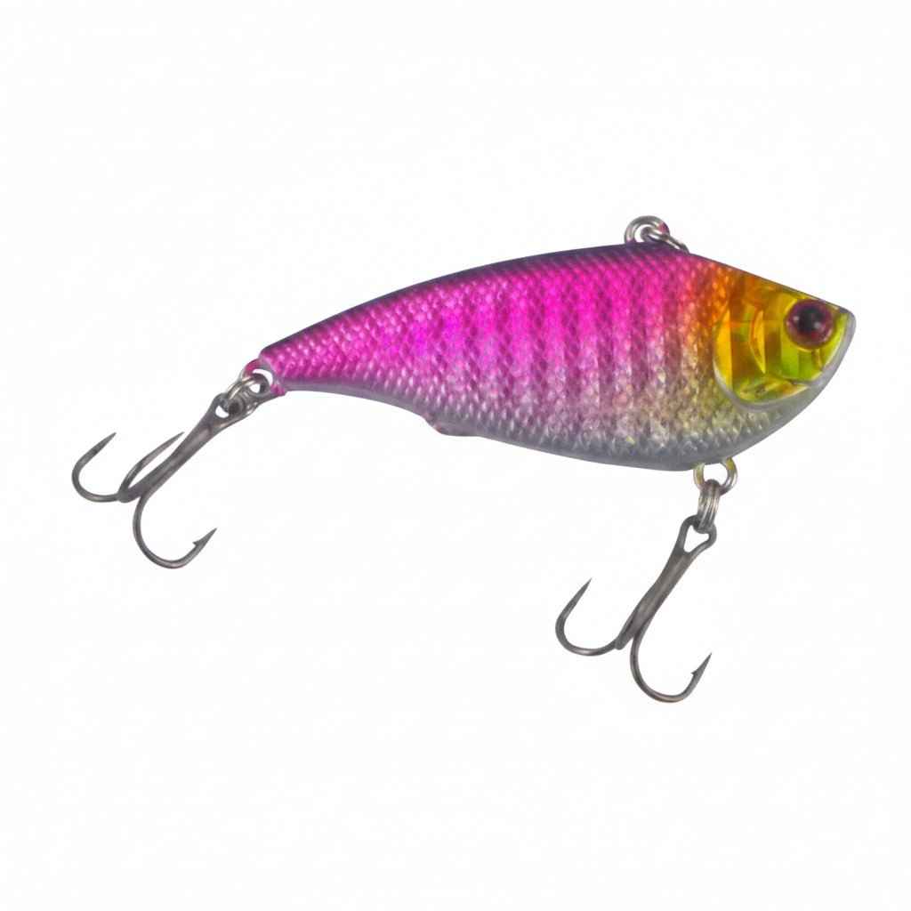 Purple lipless crankbait with yellow eye patch and two treble hooks