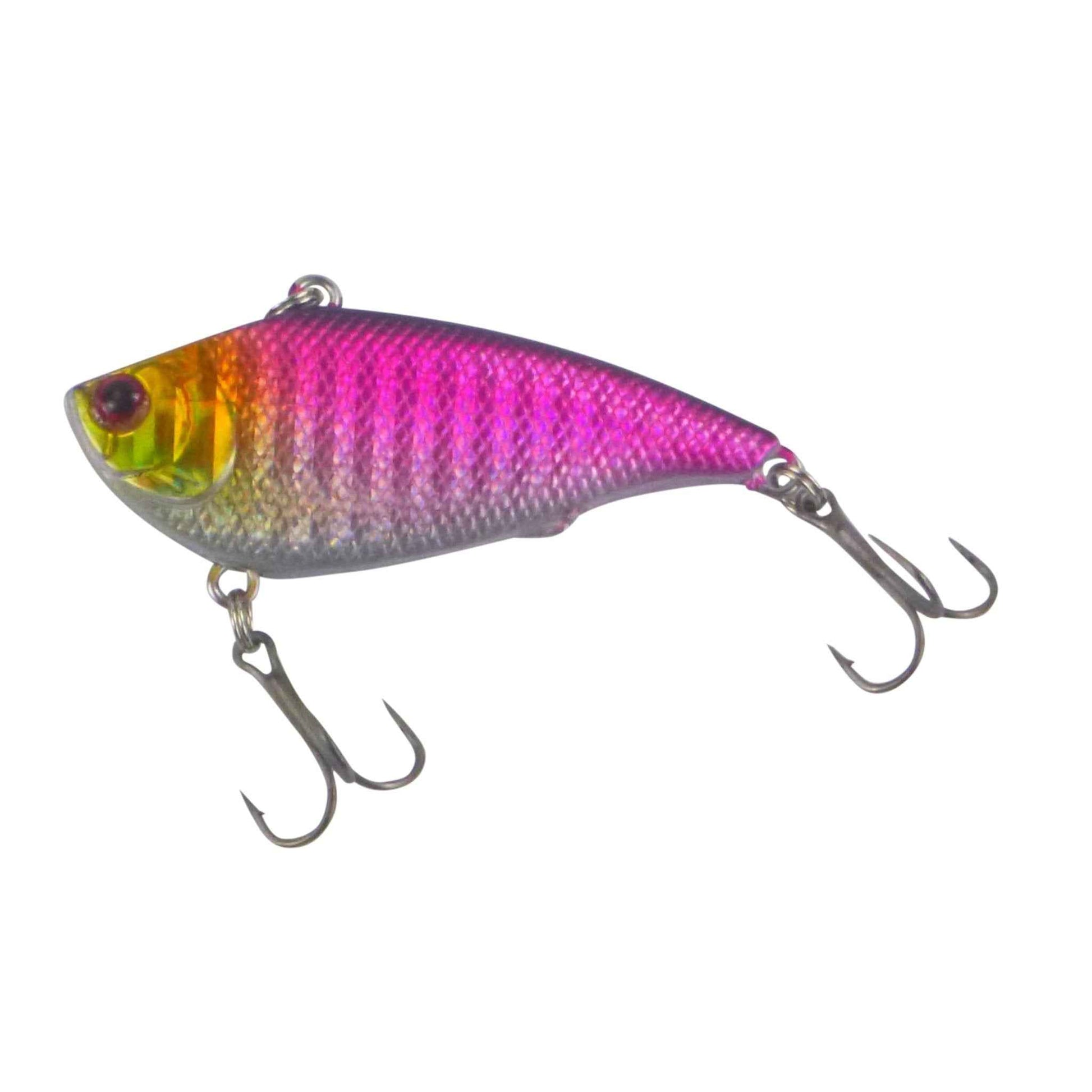 Purple lipless crankbait with yellow eyes and two treble hooks