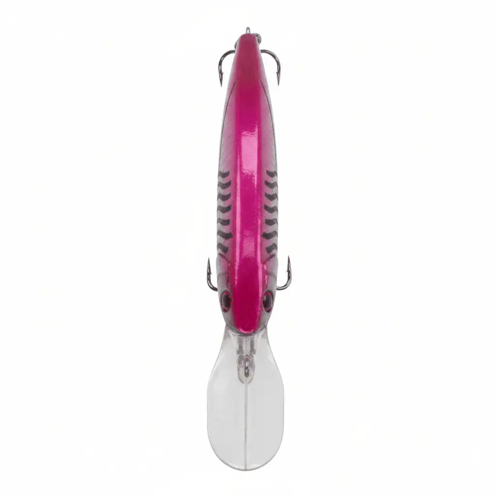 Magenta silver front view diving lure with small lip and three hooks
