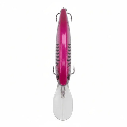 Magenta silver front view diving lure with small lip and three hooks