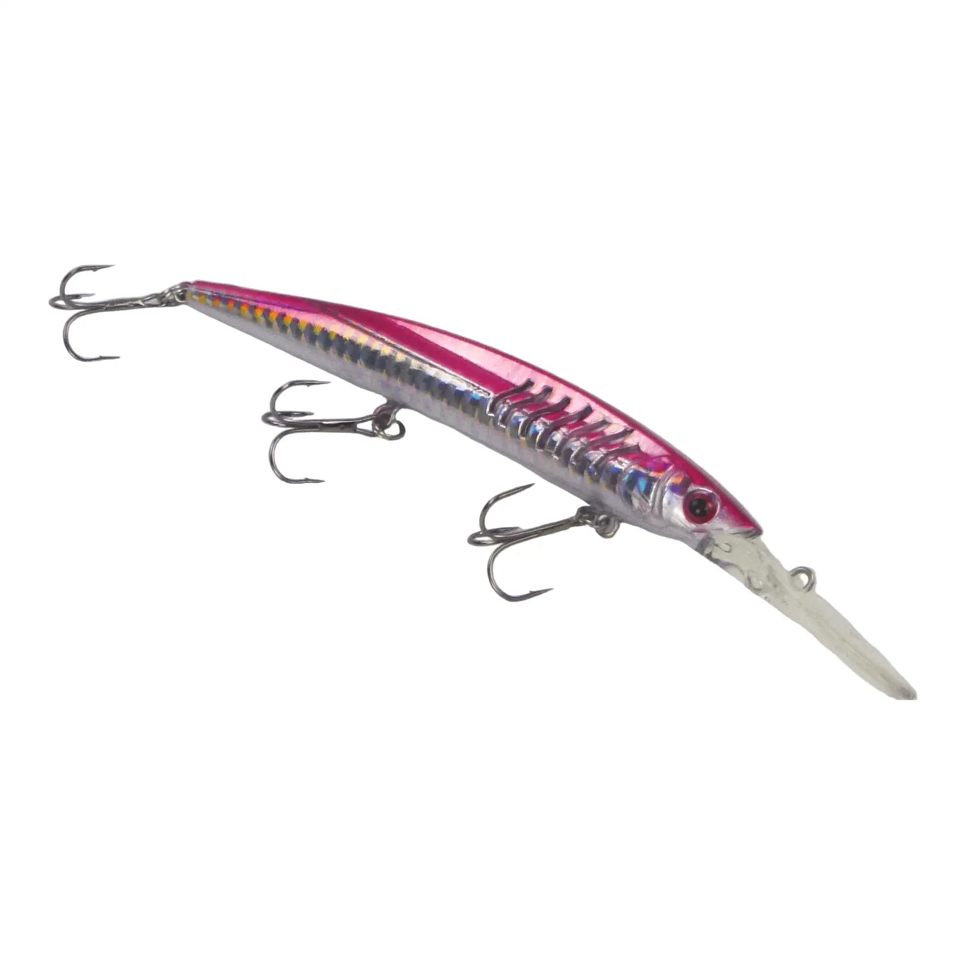 Magenta silver diving minnow lure with treble hooks and reflective sides