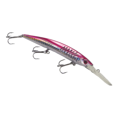 Magenta silver diving minnow lure with treble hooks and reflective sides