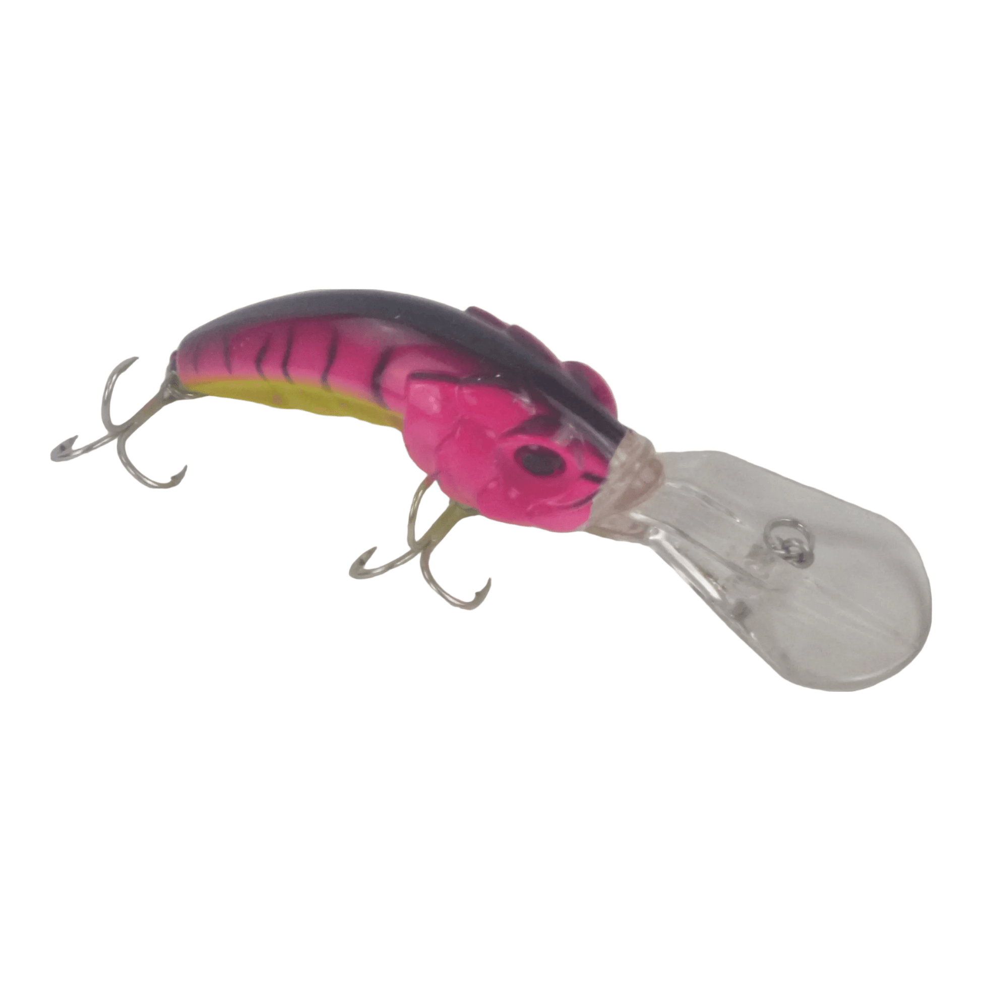 Purple and pink fishing crankbait with clear lip and two treble hooks